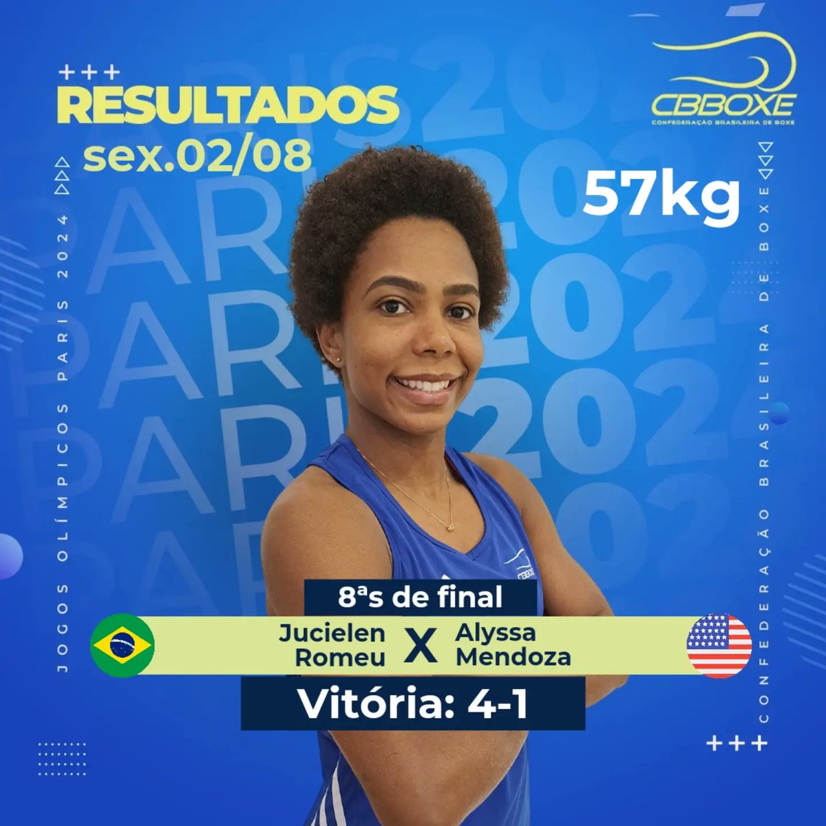 cbboxe's tweet photo. VAMO, JUCI! 💪
Última a fazer estreia em Paris-2024, Jucielen Romeu entra bem no jogo, vence americana Alyssa Mendoza por decisão dividida e avança para quartas de final dos Jogos Olímpicos.
#cbboxe #paris2024 https://t.co/tDD11XHEp1