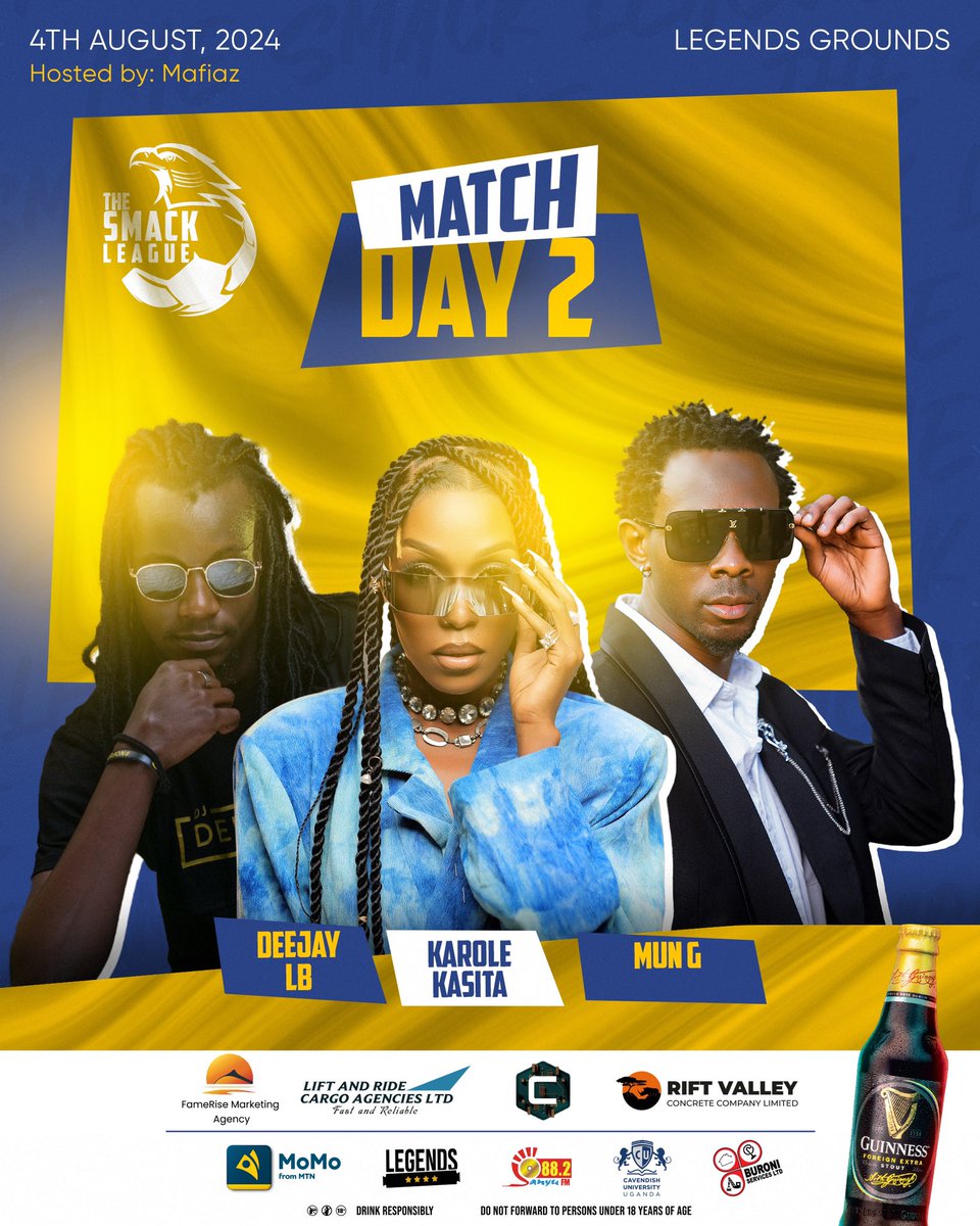 TheSMACKLeague's tweet photo. Matchday 2 hosts @MafiazFc with the entertainment lineup.🔥
Karole Kasita and @MunGmato will be be performing live at #TSL this Sunday!💃🕺🏼
@deejay_LB_ on the decks!💽
#BlackShinesBrightest | #TSL7 https://t.co/Yg8pU0CtWV