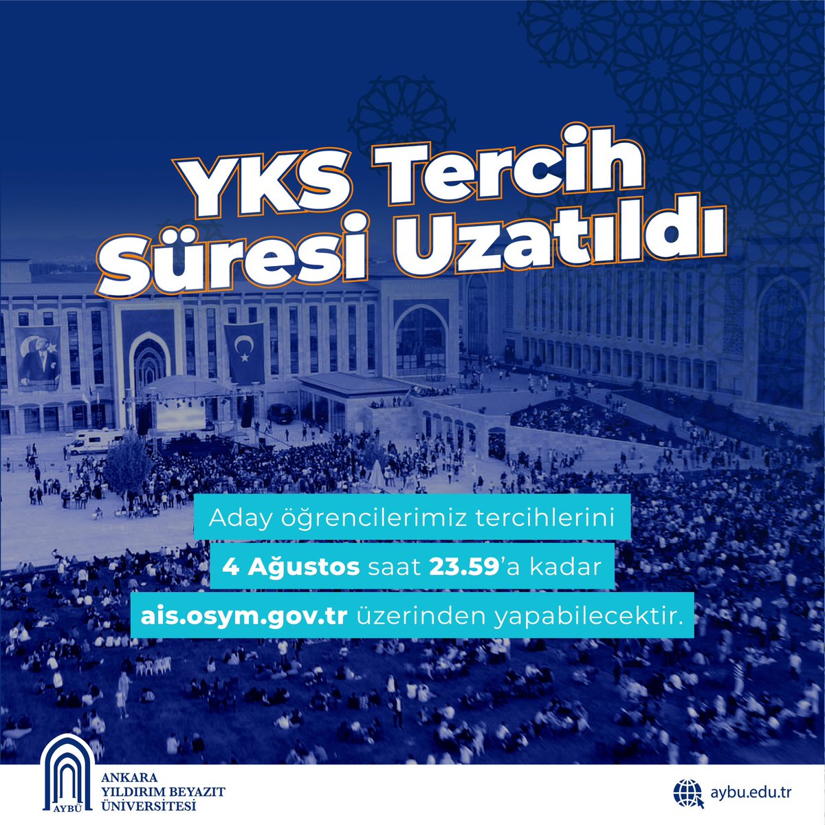 🚨Tercih süresi uzatıldı.

Aday öğrencilerimiz tercihlerini 4 Ağustos saat 23.59’a kadar ais.osym.gov.tr üzerinden yapabilecektir.

<a href="/acengizkoseoglu/">Ali Cengiz Köseoğlu</a>