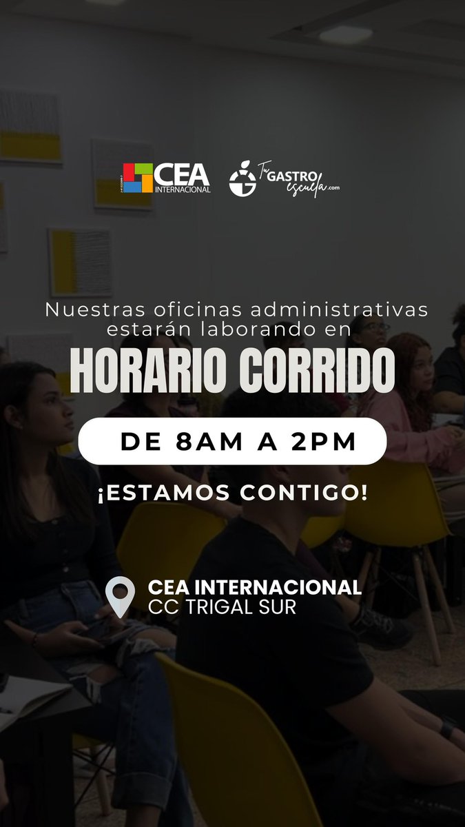 ¡ESTAMOS CONTIGO!

Las oficinas administrativas de CEA Internacional en Valencia estarán laborando en horario corrido de 8am a 2pm. Nuestra plataforma de educación en linea se encuentra operativa las 24 horas del día. 

📲 0414 - 949200 / 0424-4565629

🌎 somosceainternacional.com