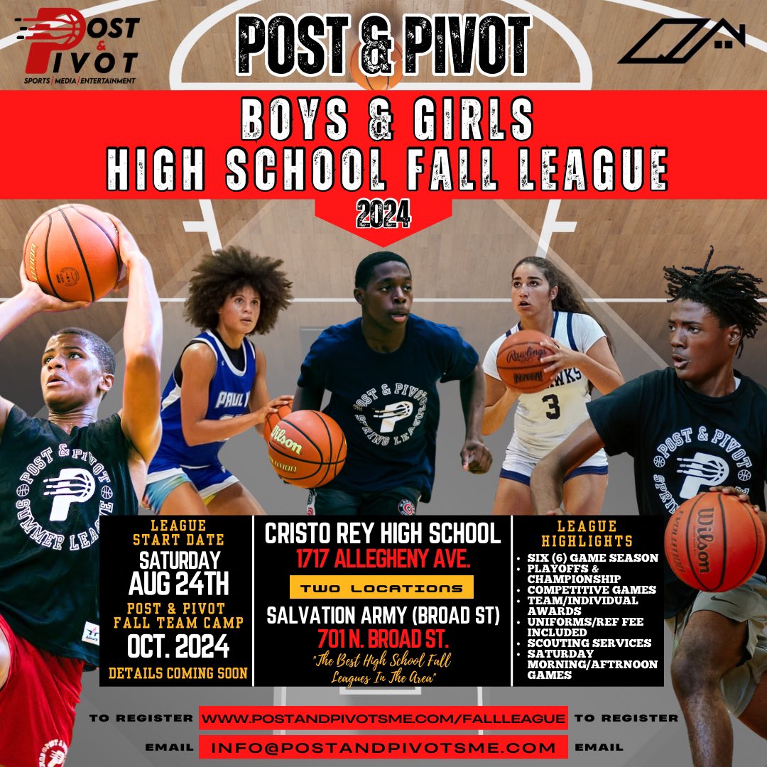 Postandpivotsme's tweet image. #Slide1
The 2024 Post &amp;amp; Pivot High School Boys and Girls Fall Basketball League begins Saturday, August 24th at Cristo Rey High School and Salvation Army (North Broad St.) Games will be played on Saturday mornings, starting at 9:30am. 

#Slide2
The 2024 Post &amp;amp; Pivot Middle School…