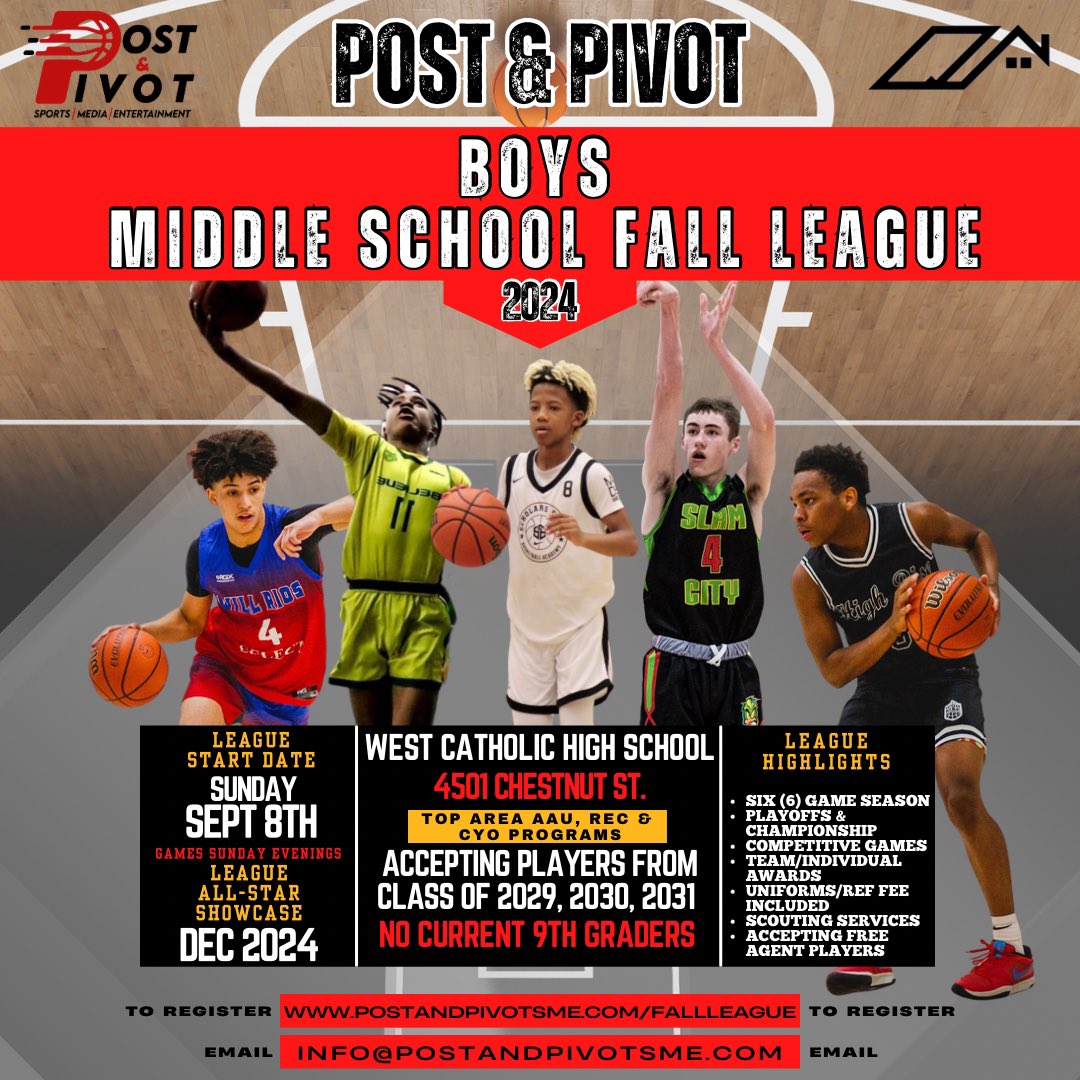 Postandpivotsme's tweet image. #Slide1
The 2024 Post &amp;amp; Pivot High School Boys and Girls Fall Basketball League begins Saturday, August 24th at Cristo Rey High School and Salvation Army (North Broad St.) Games will be played on Saturday mornings, starting at 9:30am. 

#Slide2
The 2024 Post &amp;amp; Pivot Middle School…