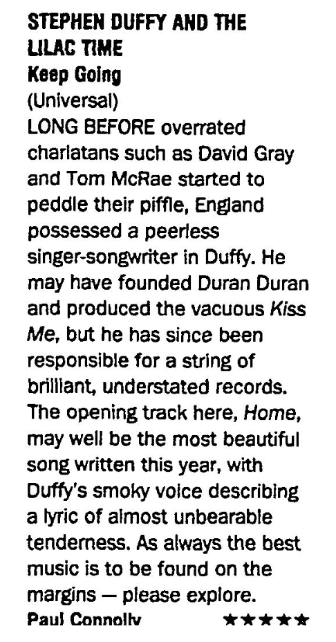 Chrisl7000's tweet photo. 21 years ago today, the Times gave a glowing review to "Keep Going" by Stephen Duffy & The Lilac Time. Times, 2 August 2003.
#LilacTime @TheLilacTime #TheLilacTime https://t.co/tlDGShuRpA
