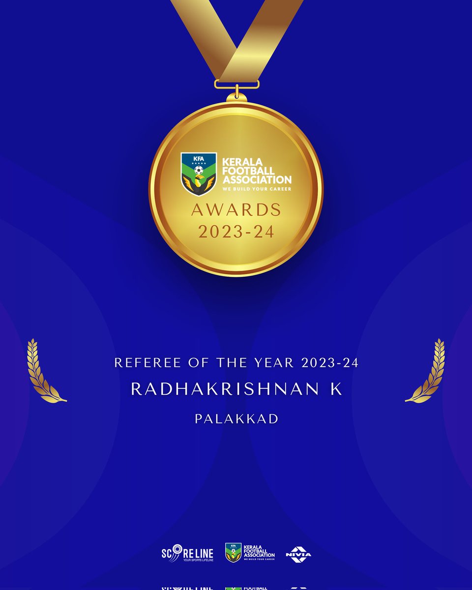 keralafa's tweet photo. 🏆 Referee of the Year 2023-24: Radhakrishnan K! 🏆
Congratulations to Radhakrishnan K for being named "KFA Referee of the Year 2023-24"! 🎉⚽
#KFA #RefereeOfTheYear #RadhakrishnanK #FootballExcellence #KeralaFootball #KFAAwards2023 https://t.co/OVju26WHNs