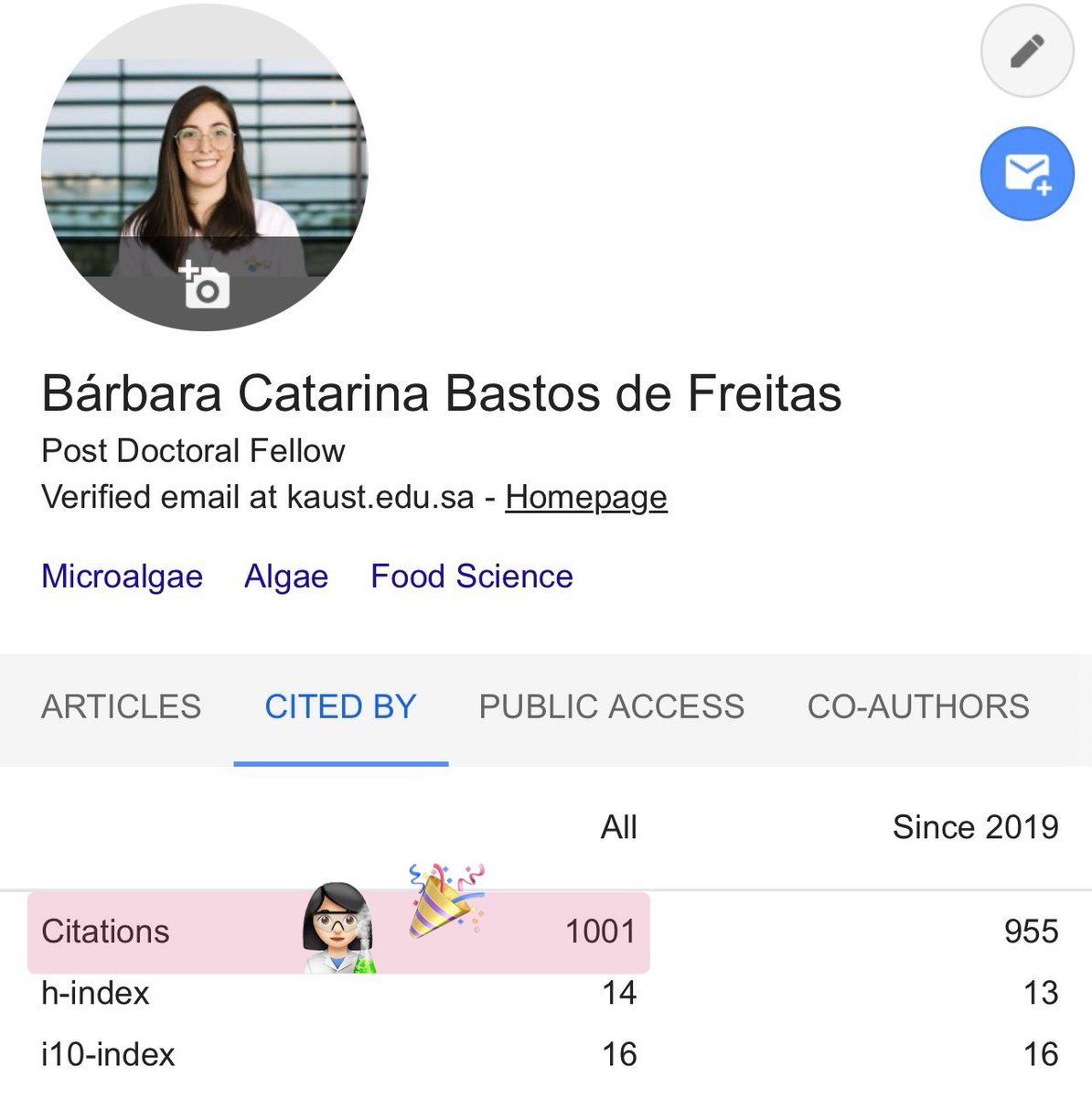 Woke up yesterday with 1,000 citations. That's so cool 😍🎉

I know this is not a huge number, but it recognizes my hard work and research within the scientific community. I am grateful for the support and collaboration that made this possible. 
#Science #algae #foodscience
