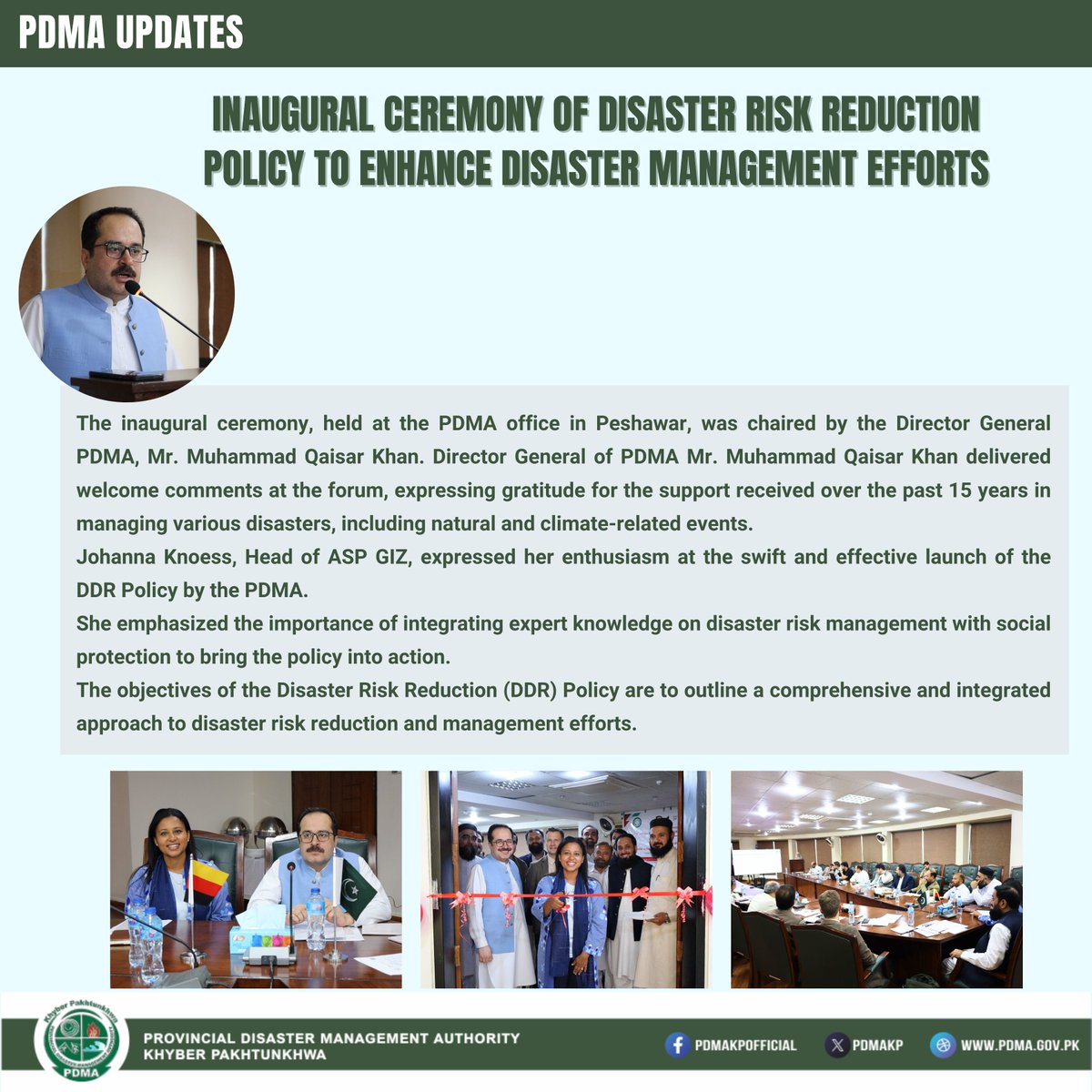 PDMAKP's tweet photo. In a landmark move, the PDMA, with support from @giz_gmbh , has commenced the development of Khyber Pakhtunkhwa’s Disaster Risk Reduction (DDR) Policy.
#PDMAKP #pdmaupdates #GIZ #adaptivesocialprotection #drrpolicy #InauguralCeremony
@CSKPOfficial
@GovernmentKP
@caesar_kahn https://t.co/3j0NCg2VOZ