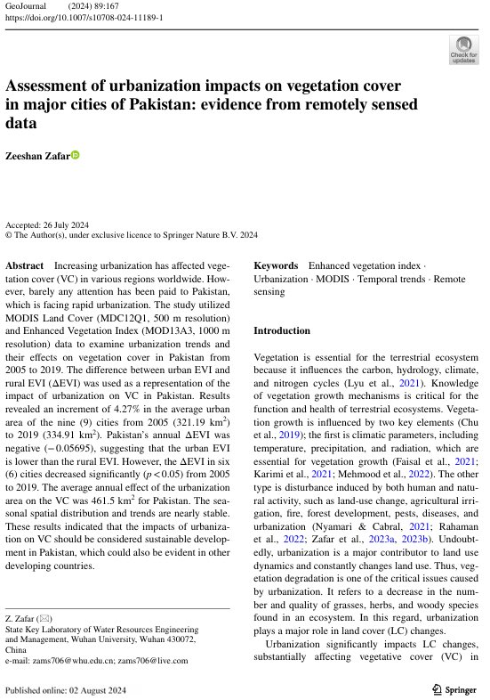 Zams706's tweet photo. First publication as single #author
First publication as Corresponding author
Study presented the impacts of #Urbanization on #vegetation using #RemoteSensing data.
Published in #GeoJournal https://t.co/ZLK4O9yOqn