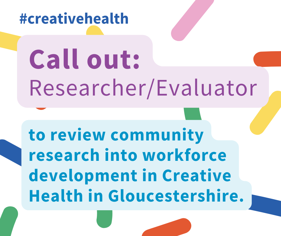 Wanted! Evaluator to take our research into the Creative Health workforce in Gloucestershire to the next stage.
creategloucestershire.co.uk/opportunities/…

<a href="/ArtShape/">Art Shape</a> @ArtliftB <a href="/AmabelMortimer/">Amabel (Ami) Mortimer</a> <a href="/NHSGlos/">NHS Gloucestershire</a> @gloscreative <a href="/CreateHealthAoP/">Gloucestershire Creative Health Consortium</a>