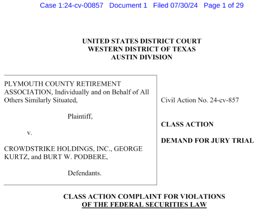 This class action was expected. $CRWD has a lot of work to do.

The fact that it came from Plymouth Country Retirement Association is hilarious 🤣