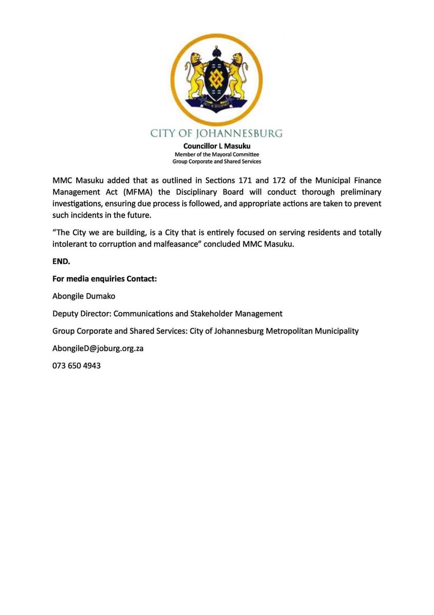 Loyiso Lugayeni-Masuku (@loyiso_masuku) on Twitter photo MEDIA STATEMENT:
The Member of the Mayoral Committee (MMC) for Group Corporate and Shared Services, Councillor Loyiso Masuku has welcomed the <a href="/CityofJoburgZA/">City of Joburg</a> Council’s approval of a report detailing alleged incidents of financial misconduct in the City.
#WeServeJoburg MEDIA STATEMENT:
The Member of the Mayoral Committee (MMC) for Group Corporate and Shared Services, Councillor Loyiso Masuku has welcomed the <a href="/CityofJoburgZA/">City of Joburg</a> Council’s approval of a report detailing alleged incidents of financial misconduct in the City.
#WeServeJoburg