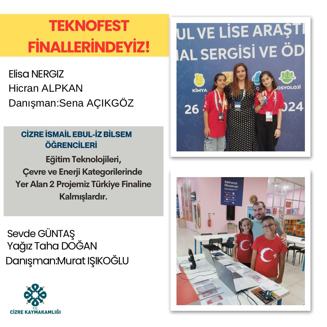 Cizre İsmail Ebul-İz Bilsem Öğrencileri ; Eğitim Teknolojileri,Çevre ve Enerji Kategorilerinde Yer alan 2 projemiz Türkiye Finaline kalmıştır.

İlçe Kaymakamımız Sayın Ahmet Vezir BAYCAR, çalışmalarından dolayı öğretmen ve öğrencilerimize başarılar diledi.
