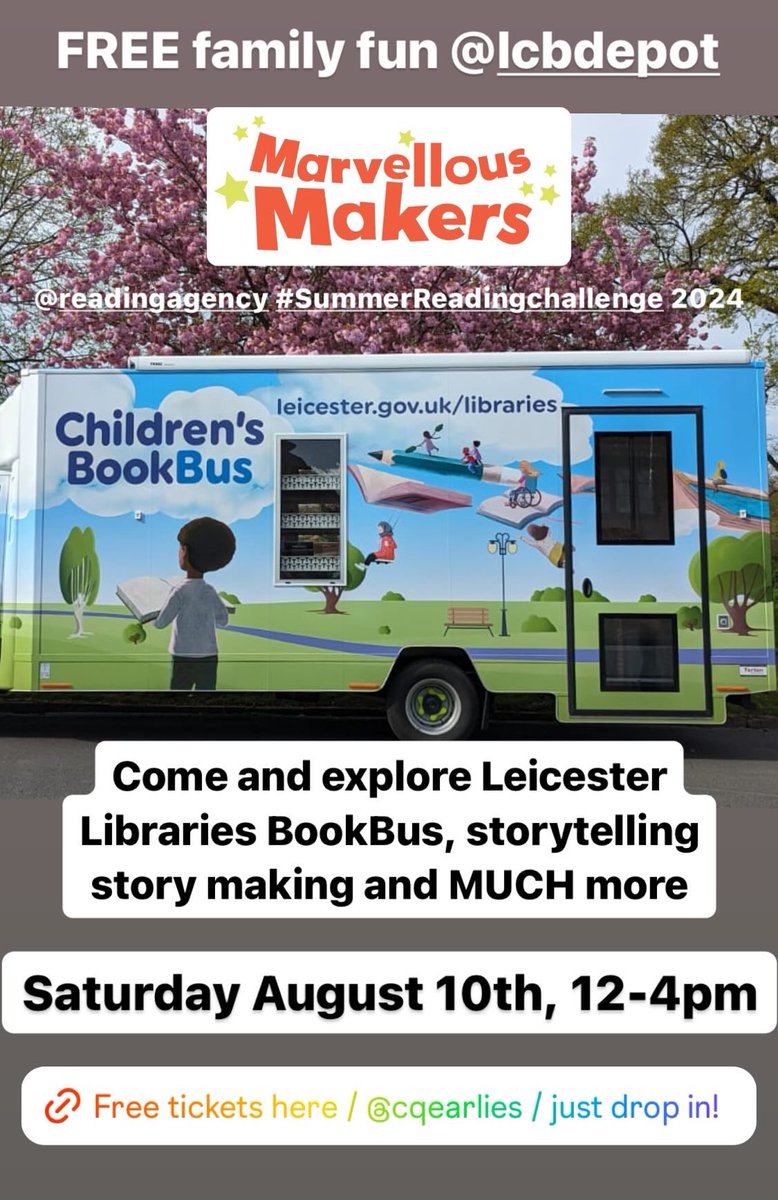 CQEarlies's tweet photo. Join @leicesterlibrar BookBus @lcbdepot  for storytelling and making + make your own stories, masks, mixed media masterpieces, zines, treasure maps &amp; even kimchi at @readingagency Marvellous Makers at @CQEarlies across the Leicester’s Cultural Quarter! 

https://t.co/ghwnk9dggh https://t.co/K2HiPsRlv5