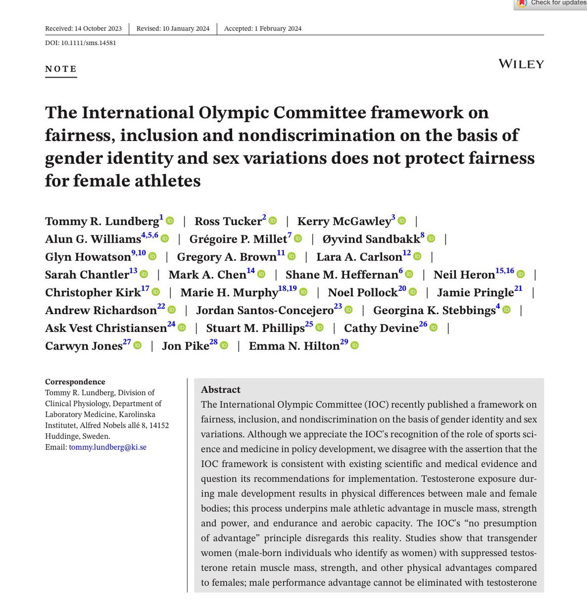 profmikegleeson's tweet photo. The International Olympic Committee and others involved in Olympic sport should read this paper, understand the implications and act upon it to avoid all biological males XY or XXY competing against biological females XX https://t.co/3v274iYJjW