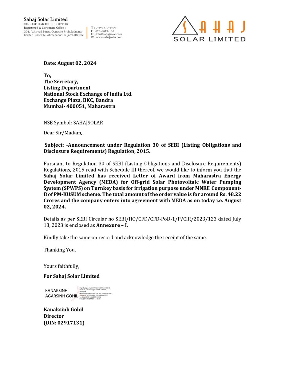 nileshkurhade's tweet image. 📌 Sahaj Solar Ltd informed the exchange about receiving a ₹48.22 crore order from the Maharashtra Energy Development Agency (MEDA) for off-grid solar photovoltaic water pumping systems under the PM-KUSUM scheme. The agreement was signed on August 2, 2024. #SME #SAHAJSOLAR 🌞💧