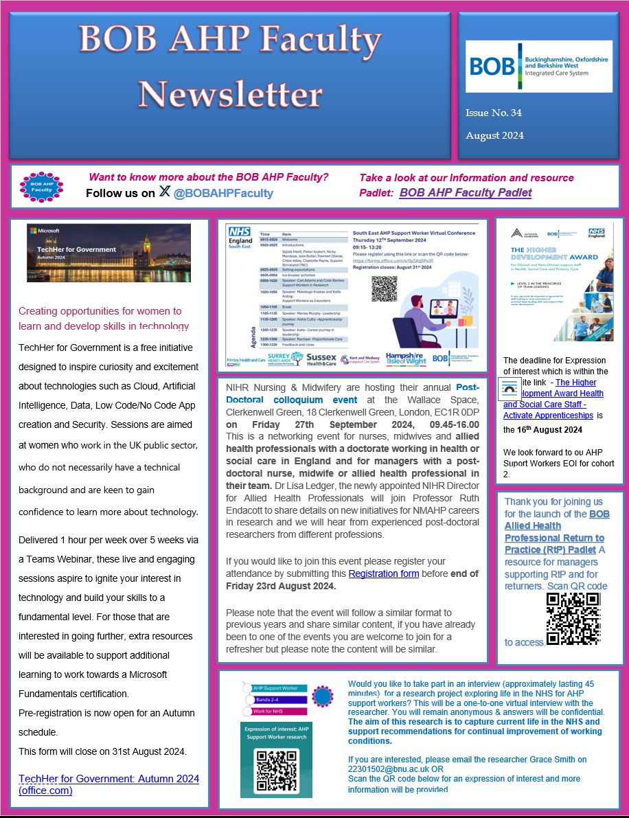BOBAHPFaculty's tweet photo. August 2024 Edition of our newsletter
Training opportunities in technology 
Lots of opportunities for our AHP Support workers to sign up for including conference, leadership development and voluntary participation in research https://t.co/1xrhE1OQah