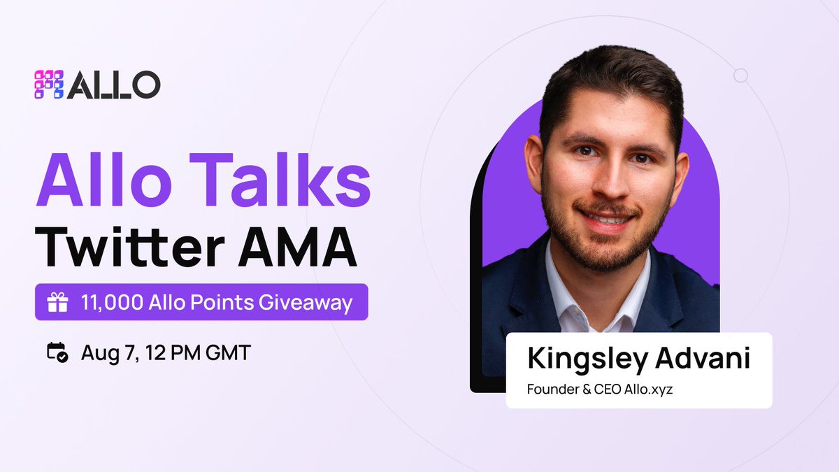 allo_xyz's tweet image. Join our first AMA this Wednesday with Kingsley Advani, CEO &amp;amp; Founder, Allo 🎙     

Get ready for an exclusive look into the future Allo.  

Date &amp;amp; Time: Aug 7, 12 PM GMT 
📍 

Set the reminder ⏰  

11,000 Allo Points Giveaway: During live, 100 random…