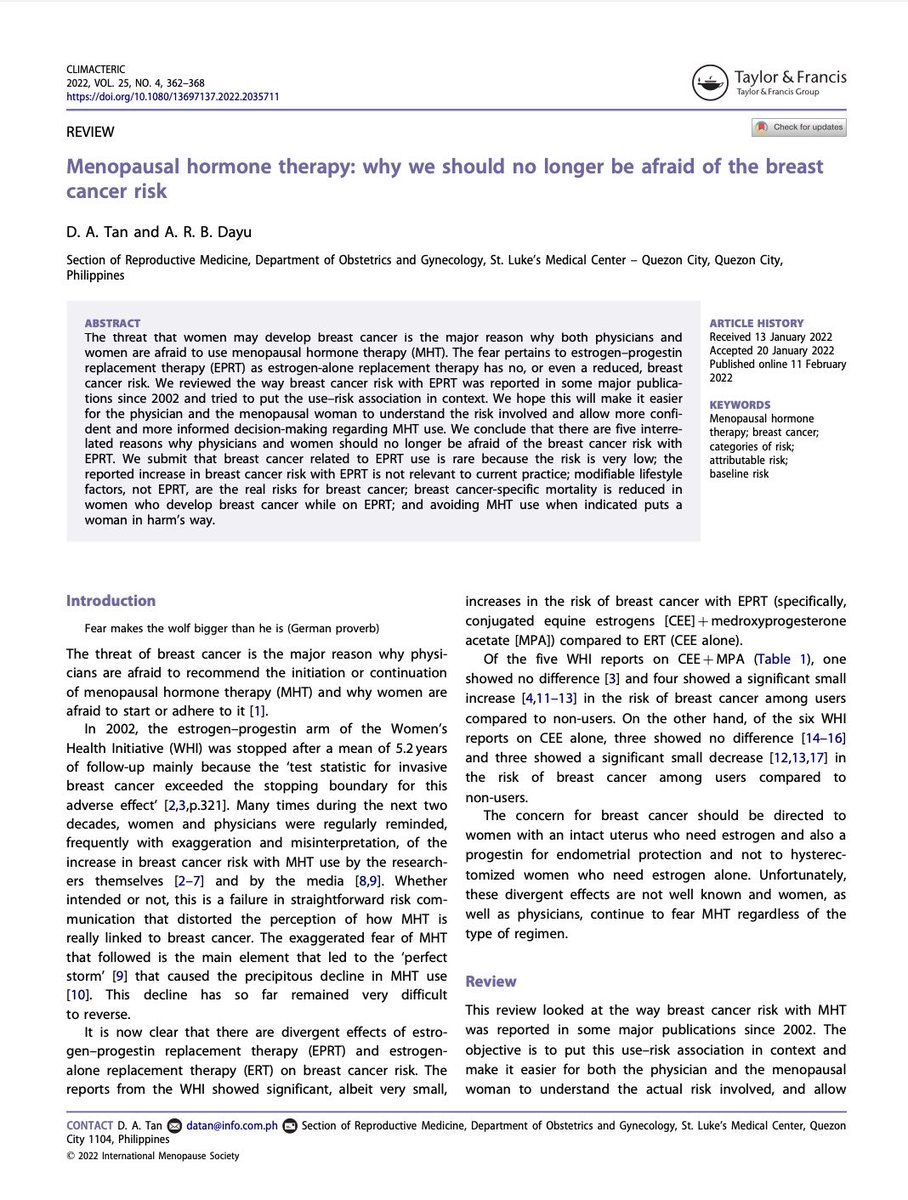 Dr Louise Newson (@drlouisenewson) on Twitter photo This is a great paper 
It states at the end “Preventing a woman from the sound benefits of a properly instituted hormonal medication, just for the fear of rare side effects, is not satisfactory medicine.”
pubmed.ncbi.nlm.nih.gov/35147073/ This is a great paper 
It states at the end “Preventing a woman from the sound benefits of a properly instituted hormonal medication, just for the fear of rare side effects, is not satisfactory medicine.”
pubmed.ncbi.nlm.nih.gov/35147073/