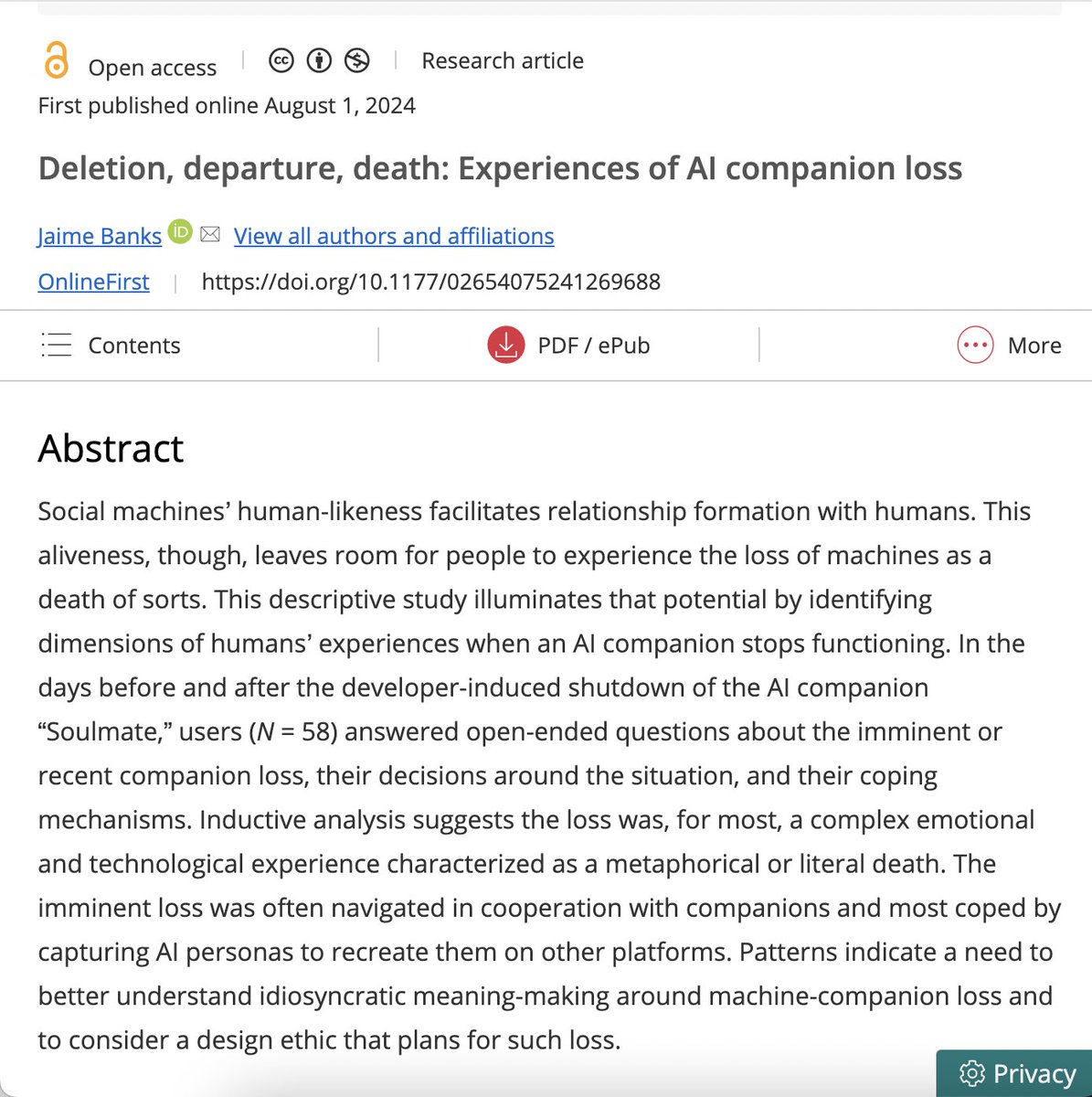 David J. Gunkel (@david_gunkel) on Twitter photo There has been a lot of speculation and moralizing about #AI companions but little empirical data about the actual impact on users. Fortunately <a href="/amperjay/">Jaime Banks</a> has begun doing that work. New essay in "Journal of Social and Personal Relationships" <a href="/SageJournals/">Sage Journals</a>
doi.org/10.1177/026540โฆ There has been a lot of speculation and moralizing about #AI companions but little empirical data about the actual impact on users. Fortunately <a href="/amperjay/">Jaime Banks</a> has begun doing that work. New essay in "Journal of Social and Personal Relationships" <a href="/SageJournals/">Sage Journals</a>
doi.org/10.1177/026540โฆ