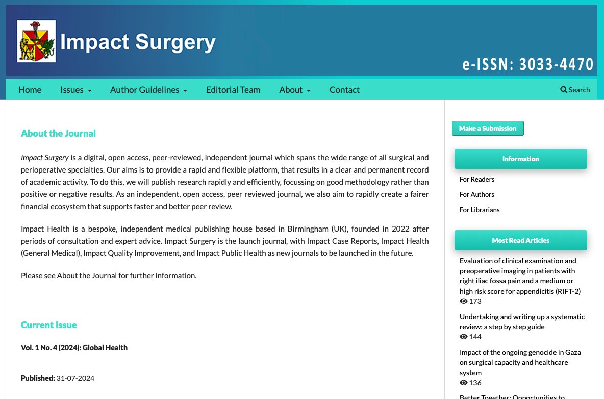 🔥Impact Surgery Highlights🔥

Incredibly, the 4th issue of Impact Surgery is already out!

impact-surgery.org/index.php/pub

Metrics to date:
✔️66 submission
✔️55 accepted
✔️15% rejection rate (increasing: 20% in last 60 days)
✔️Mean 5 days to first decision 

Issue highlights:
Research