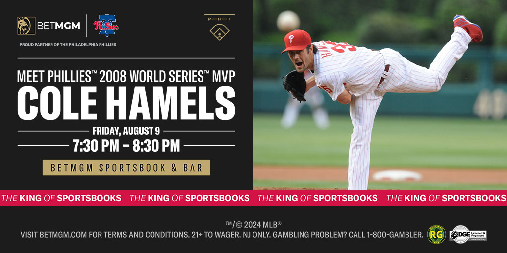 BorgataAC's tweet photo. Get ready for an evening with Cole Hamels! โพโจ
Join us at @BetMGM Sportsbook & Bar in Borgata from 7:30 PM - 8:30 PM for an exclusive meet and greet with former World Series MVP pitcher Cole Hamels.
#BetMGM #BorgataAC https://t.co/upCctIpKBW