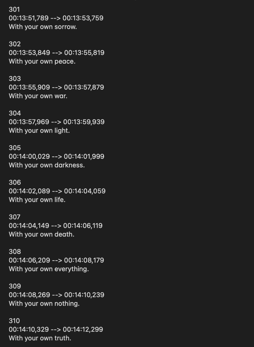 hey_maka's tweet photo. today I was trying to translate the subtitles for the movie from the Portuguese to English using ChatGPT and it stucked in the beautiful loop (I'm considering it as a found poetry): https://t.co/2u1bm8npDK