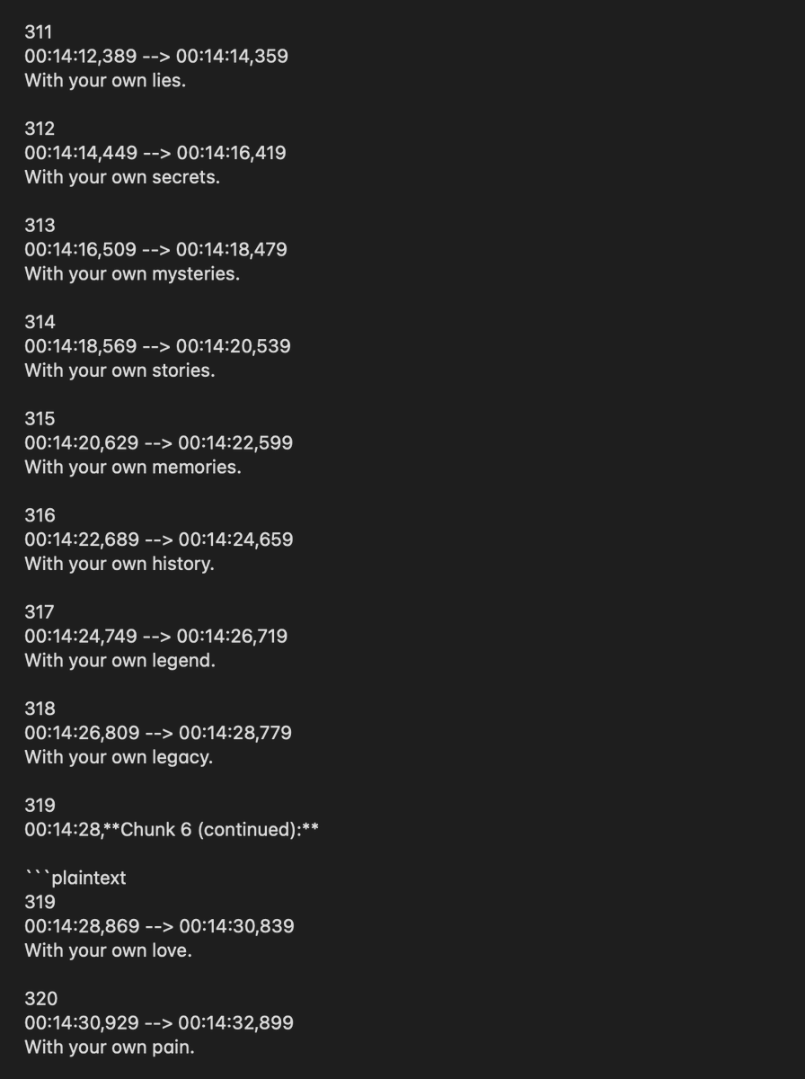 hey_maka's tweet photo. today I was trying to translate the subtitles for the movie from the Portuguese to English using ChatGPT and it stucked in the beautiful loop (I'm considering it as a found poetry): https://t.co/2u1bm8npDK