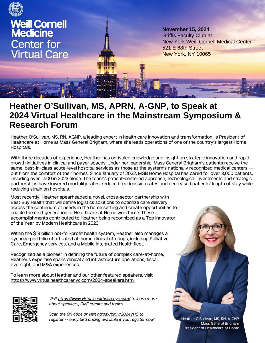 Weill Cornell Medicine Center for Virtual Care (@wcmvirtualcare) on Twitter photo Our 7th Annual Virtual Healthcare in the Mainstream Symposium and Research Forum, hosted by the <a href="/WCMVirtualCare/">Weill Cornell Medicine Center for Virtual Care</a> is proud to announce the addition of Heather O'Sullivan MS, APRN, of <a href="/MassGenBrigham/">Mass General Brigham</a> to our incredible speaker line-up! Visit virtualhealthcarenyc.com to register! Our 7th Annual Virtual Healthcare in the Mainstream Symposium and Research Forum, hosted by the <a href="/WCMVirtualCare/">Weill Cornell Medicine Center for Virtual Care</a> is proud to announce the addition of Heather O'Sullivan MS, APRN, of <a href="/MassGenBrigham/">Mass General Brigham</a> to our incredible speaker line-up! Visit virtualhealthcarenyc.com to register!