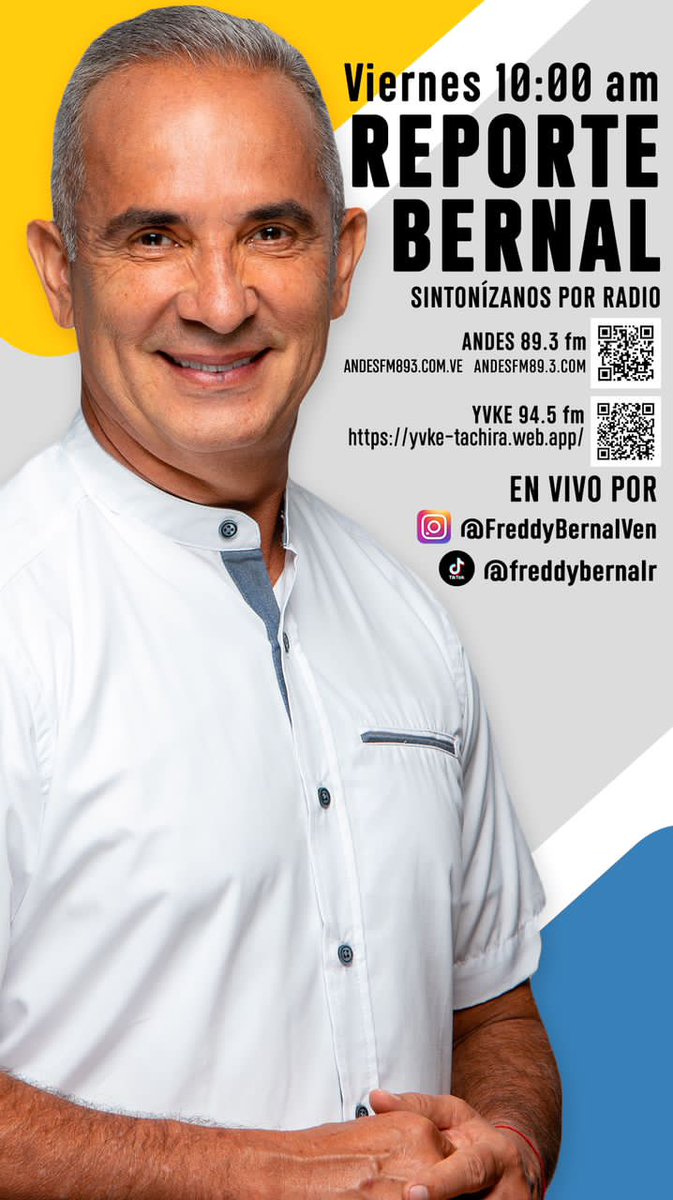 #reportebernal hoy a partir de las 10 am en transmisión por <a href="/andesfm893/">ANDES 89.3Fm</a> y <a href="/YvkeTachira/">Yvke Tachira</a>, no se pierdan al gobernador <a href="/FreddyBernal/">Freddy Bernal</a> con toda la información sobre la gestión de la Gobernación del Táchira  

<a href="/Sedebat_/">SEDEBAT</a>
<a href="/TrompizCarlos/">Carlos Trompiz</a>