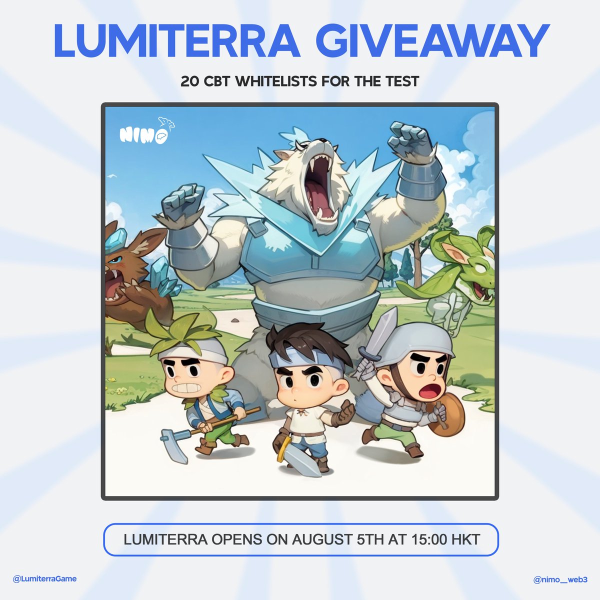 20 CBT Lumiterra WL spots to our lucky winners🎁

How to enter:

🌟Follow <a href="/LumiterraGame/">Lumiterra</a>, <a href="/nimo_web3/">Nimo Web3 DAO 🎏</a>
🌟Like &amp; Retweet this post
🌟Drop your Ronin address

Winners will be announced on 3rd Aug (9:00 AM GMT+7). 

#Lumiterra_CBT #Ronin #MMO