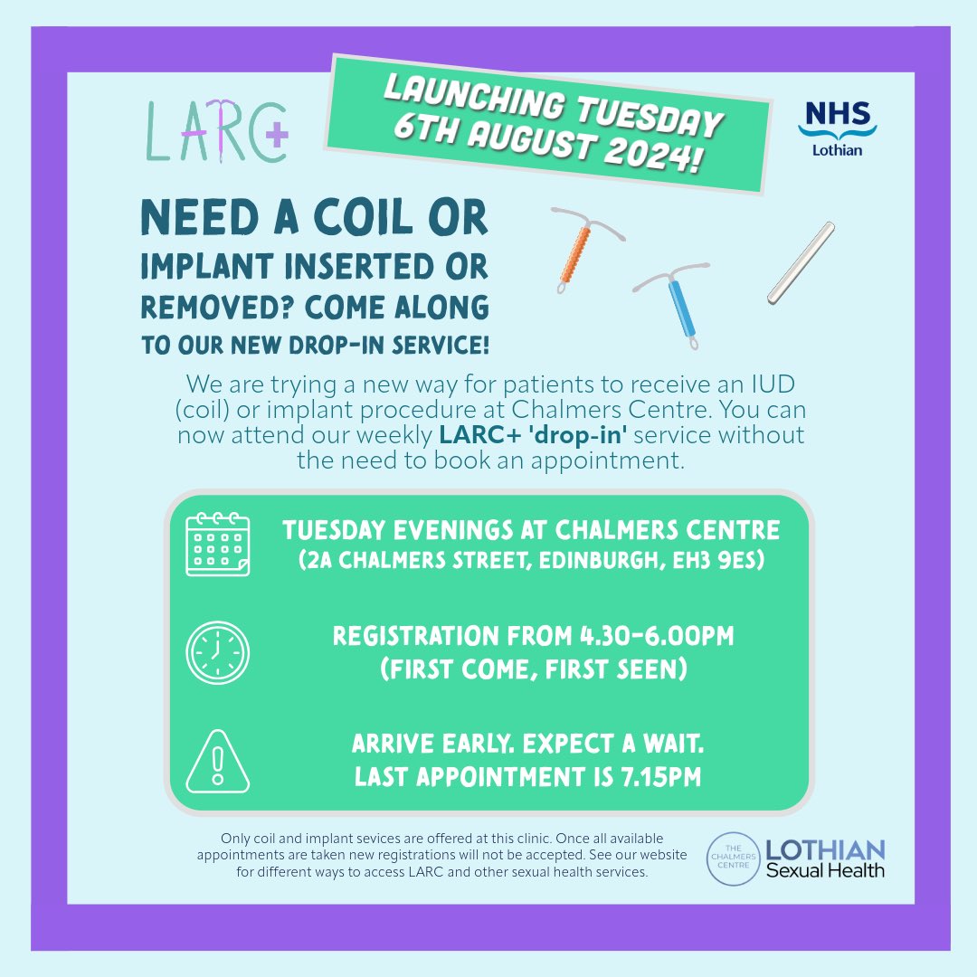 Michelle Cooper (@coopmhc) on Twitter photo We are piloting a new weekly LARC+ drop-in service at Chalmers Centre <a href="/srhlothian/">Lothian Sexual Health</a> from Tues 6th August! Details below 👇🏼<a href="/NHS_Lothian/">NHS Lothian</a> We are piloting a new weekly LARC+ drop-in service at Chalmers Centre <a href="/srhlothian/">Lothian Sexual Health</a> from Tues 6th August! Details below 👇🏼<a href="/NHS_Lothian/">NHS Lothian</a>
