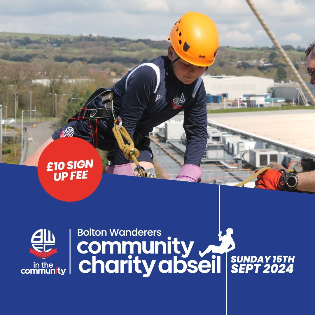 The Community Charity Abseil Returns Sunday 15th September!
Experience the thrill of abseiling and raising funds for a great cause or face your fear of heights as you abseil down the side of the Toughsheet Community Stadium! 
Sign up now at buff.ly/3YrTZRw 
#BWitC | #BWFC