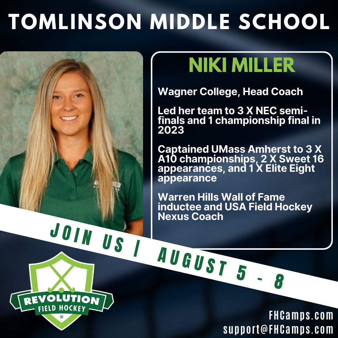 RevoFieldHockey's tweet photo. Don't miss out on our final camp at Tomlinson Middle School for the summer🚨 Join Coach Niki Miller and develop your field hockey skills🏑 Sign up now!!

#RevolutionFieldHockey https://t.co/aliYX1Wdgh