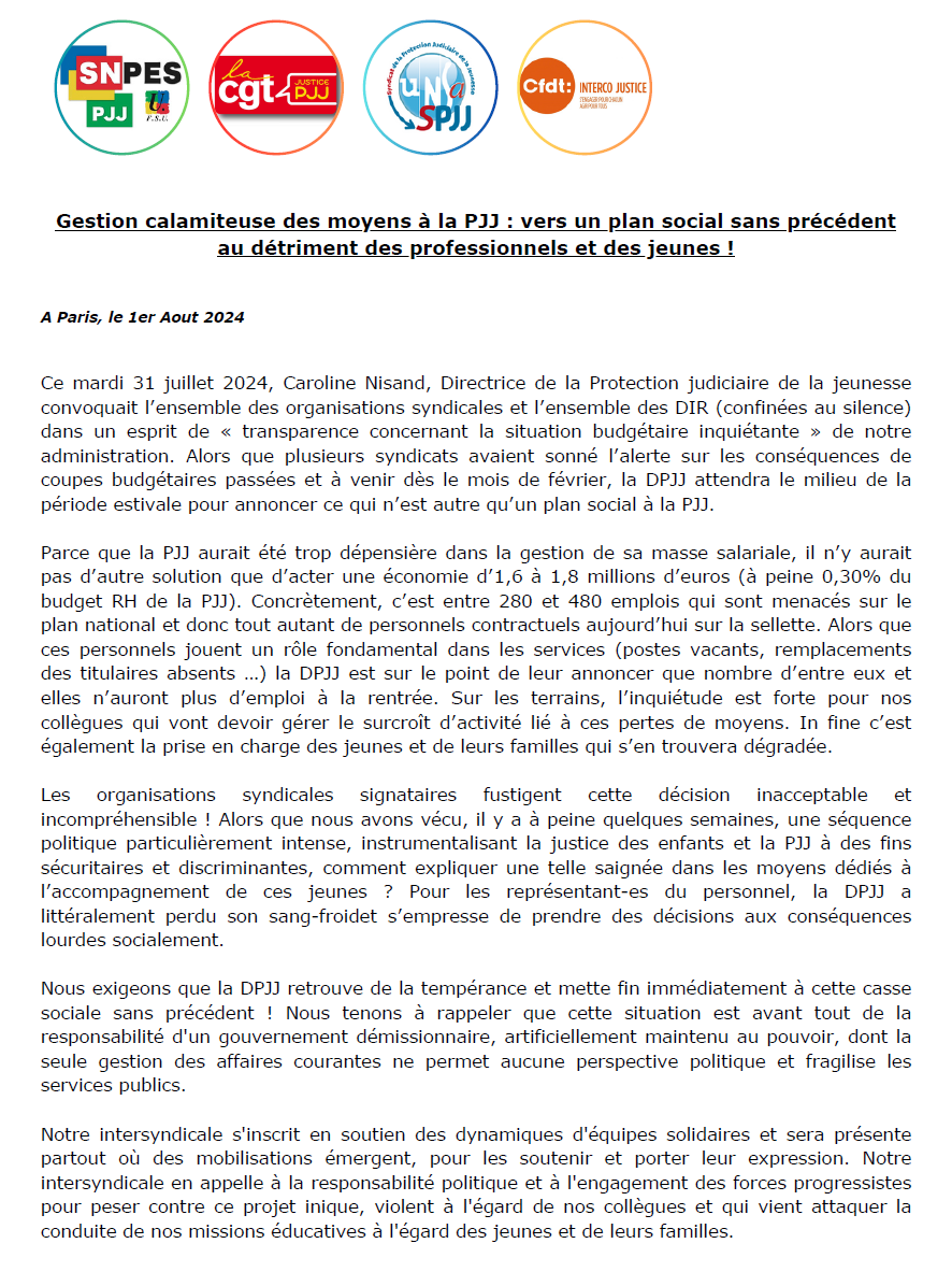 snpespjj's tweet photo. L'intersyndicale de la PJJ dénoncent un plan social sans précédent qui aura des conséquences sur les jeunes et des professionnels.
 #pjj #justicedesenfants #protectiondelenfance #education #NouveauFrontPopulaire https://t.co/uv1OeL1l3Z