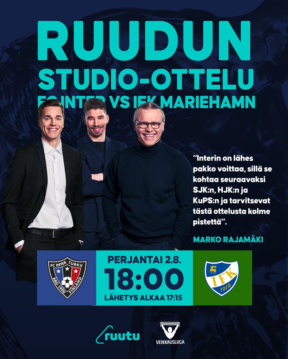 Veikkausliiga's tweet photo. Se on studio-ottelun ilta 🤩

Ruudun avauskokoonpanossa tänään Lassi Hurskainen, Mika Hilander ja Marko Rajamäki.

Tervetuloa mukaan kello 17.15 alkaen 📺

#Veikkausliiga #kannatapaikallista #INTIFKM https://t.co/s6urpeDWTT