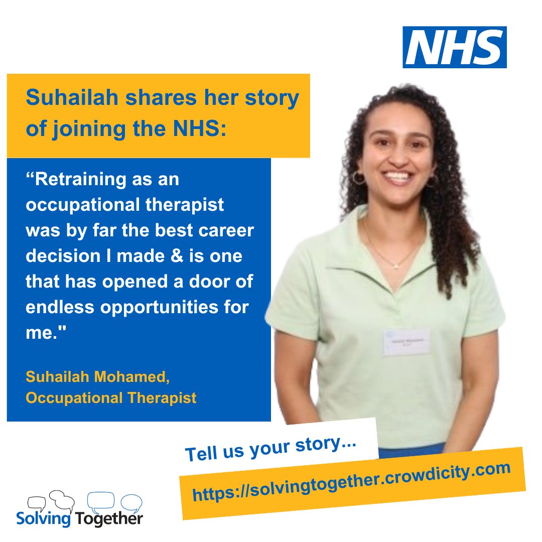 Solving Together (@st_transform) on Twitter photo "Retraining as an occupational therapist was by far the best career decision I made & is one that has opened a door of endless opportunities for me." 💬<a href="/MohamedSuhailah/">Suhailah Mohamed</a> solvingtogether.crowdicity.com/blogpost/38591…
Feeling inspired? Get involved in the conversation!
#WeAreTheNHS #SolvingTogether "Retraining as an occupational therapist was by far the best career decision I made & is one that has opened a door of endless opportunities for me." 💬<a href="/MohamedSuhailah/">Suhailah Mohamed</a> solvingtogether.crowdicity.com/blogpost/38591…
Feeling inspired? Get involved in the conversation!
#WeAreTheNHS #SolvingTogether