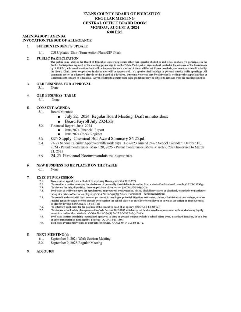 ECCSS Regular Board Meeting
Monday, August 5, 2024  6:00pm
District Office Board Room