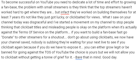 Shout out to when I received a threat because I was click-baiting videos and, according to this guy,<a href="/tag/cancelacartooncharacter"class="tags"><span>#cancelacartooncharacter</span></a>