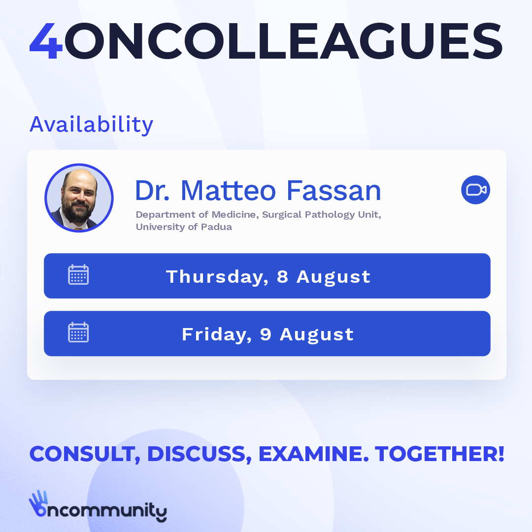 4oncommunity (@4oncommunity) on Twitter photo π#4oncolleagues Availability Updates
Dr. <a href="/matteo_fassan/">Matteo Fassan</a> will be available on:
β
8 August 2024
β
9 August 2024
Click on the link to book a #videomeeting and discuss privately with your colleague!
π4oncommunity.com/4oncolleagues/
#pathology4oncology π#4oncolleagues Availability Updates
Dr. <a href="/matteo_fassan/">Matteo Fassan</a> will be available on:
β
8 August 2024
β
9 August 2024
Click on the link to book a #videomeeting and discuss privately with your colleague!
π4oncommunity.com/4oncolleagues/
#pathology4oncology