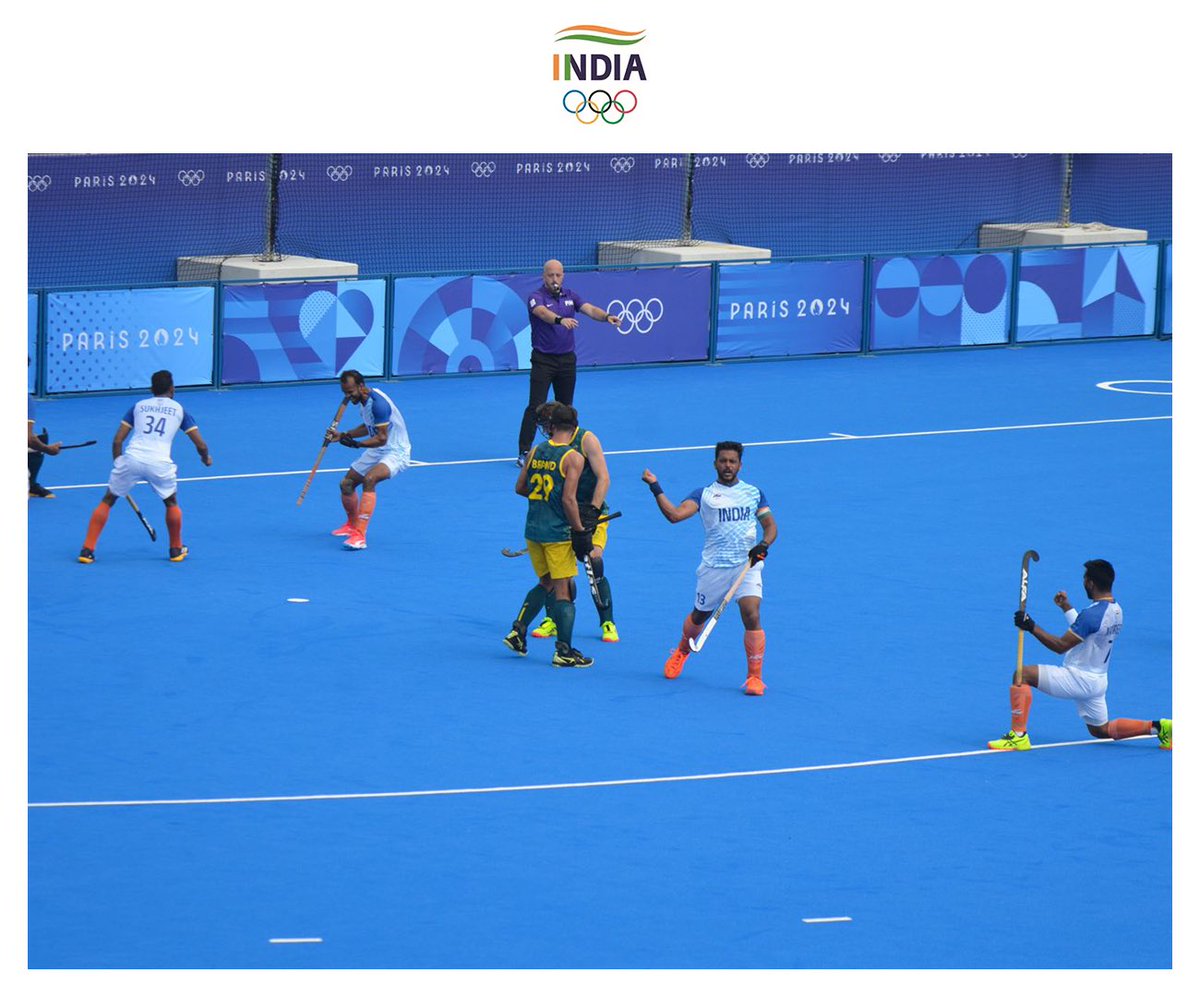WeAreTeamIndia's tweet photo. A 3-2 win to end our 52 year wait as we beat Australia for the first time since 1972 at the Olympics in Hockey. A spectacular match with an all round team effort! 
With the group stage matches done and having qualified, we will next be in action in the Quarter Finals on the 4th August. 

#JeetKiAur | #Cheer4Bharat