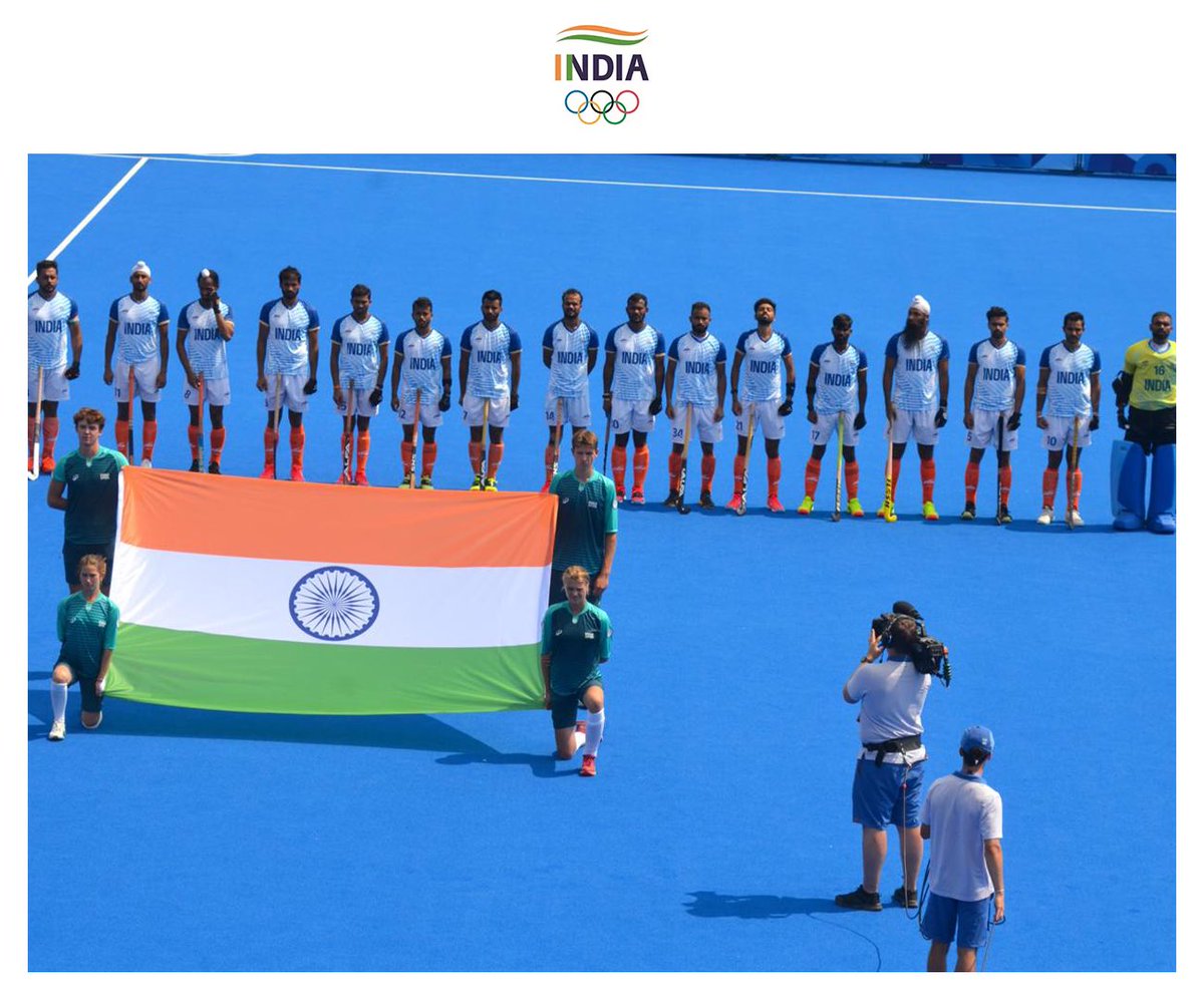 WeAreTeamIndia's tweet photo. A 3-2 win to end our 52 year wait as we beat Australia for the first time since 1972 at the Olympics in Hockey. A spectacular match with an all round team effort! 
With the group stage matches done and having qualified, we will next be in action in the Quarter Finals on the 4th August. 

#JeetKiAur | #Cheer4Bharat