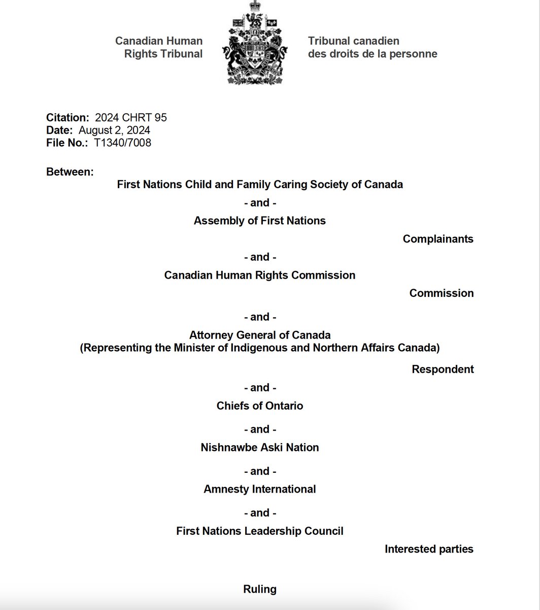 Breaking good news for children.  The BC First Nations Leadership Council representing 204 First Nations in British Columbia has been granted interested party status on the Jordan's Principle non-compliance motion. Read the decision here: fncaringsociety.com/publications/2…