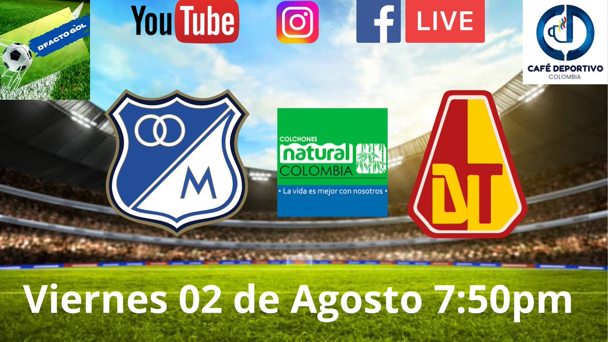 CaféDeportivo (@cafedeporticol) on Twitter photo Hoy desde las 7:50pm viva lo mejor de <a href="/LigaBetPlayD/">LigaBetPlayDimayor</a> con #DFactoGol <a href="/MillosFCoficial/">Millonarios FC</a> <a href="/cdtolima/">Club Deportes Tolima</a> transmisión radial por Facebook Youtube e Instagram <a href="/CafeDeportiCol/">CaféDeportivo</a> junto a <a href="/arturovargasm/">Arturo Vargas M.</a> <a href="/RubenOspinaS/">Rubén Ospina S.</a> gracias a <a href="/ColchonesNatur1/">Colchones Natural Colombia</a> #Millonarios #Tolima Hoy desde las 7:50pm viva lo mejor de <a href="/LigaBetPlayD/">LigaBetPlayDimayor</a> con #DFactoGol <a href="/MillosFCoficial/">Millonarios FC</a> <a href="/cdtolima/">Club Deportes Tolima</a> transmisión radial por Facebook Youtube e Instagram <a href="/CafeDeportiCol/">CaféDeportivo</a> junto a <a href="/arturovargasm/">Arturo Vargas M.</a> <a href="/RubenOspinaS/">Rubén Ospina S.</a> gracias a <a href="/ColchonesNatur1/">Colchones Natural Colombia</a> #Millonarios #Tolima