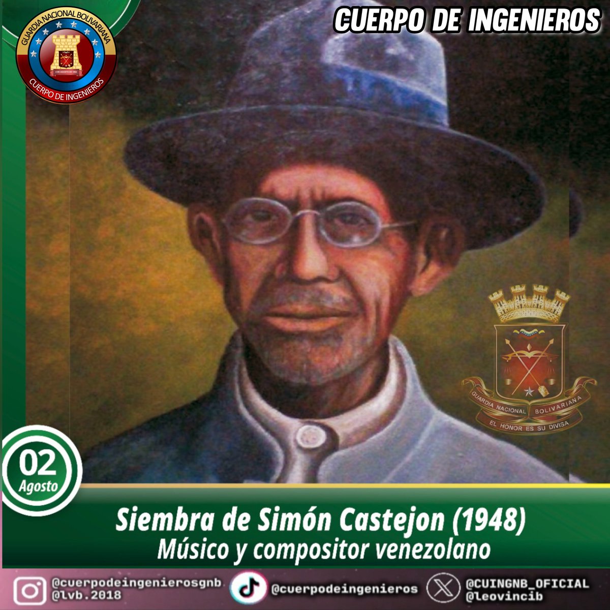 #2Ago 📆 Hoy se conmemoran 76 años de la siembra de Simón Castejón, personalidad de Guarico, fue compositor de música popular y religiosa, corista de la iglesia durante muchos años.
<a href="/ElioEstrada18/">MG. Elio Estrada Paredes</a> 
<a href="/GnbGaranteDePaz/">Guardia Nacional Bolivariana</a> 
<a href="/leovincib/">leonardo vinci</a>