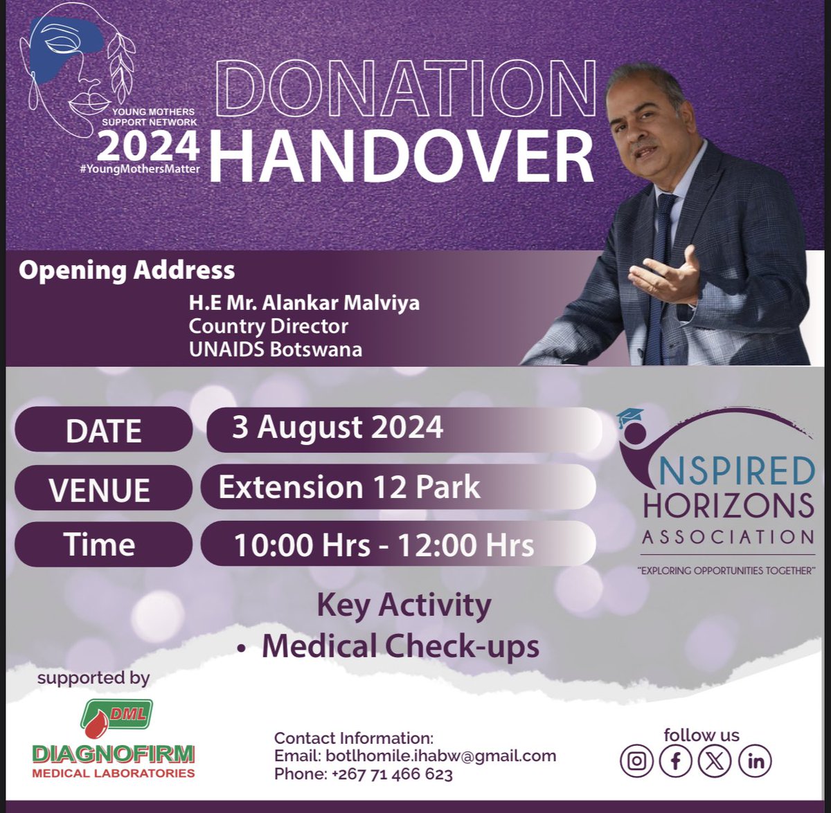 Exciting News! 

We are thrilled to announce that H.E <a href="/AlankarMalviya/">Alankar Malviya</a> of <a href="/BotswanaUnaids/">UNAIDS Botswana</a> will deliver the Opening Address of the generous donation to support our Young Mothers Support Network! Join us this Saturday at Ext 12 Park, Gaborone. 

#YoungMothersMatter