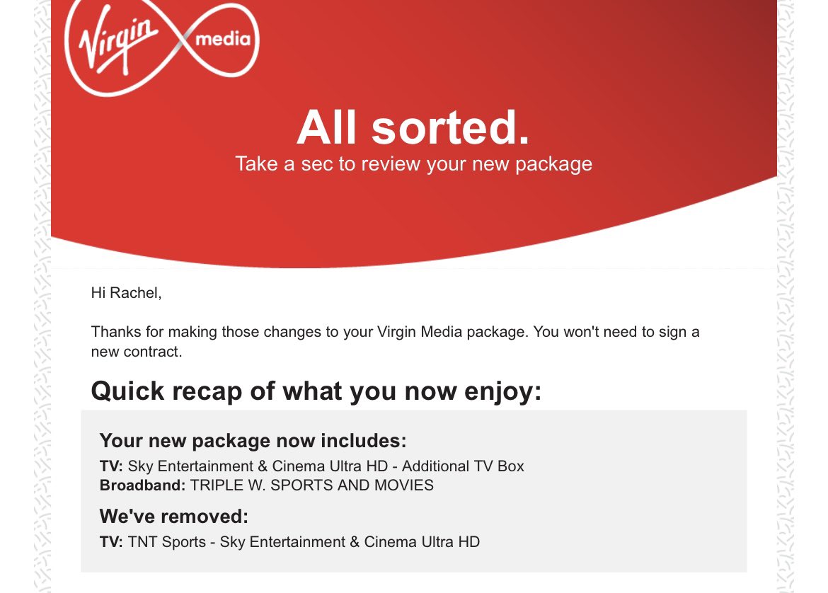 DanielCroxson's tweet photo. @virginmedia 25 year long existing customer just renewed on the basis of an offer which clearly stated that we would stay on the current plan without losing anything, only to find that we have lost quite a lot (see attached). Please explain. https://t.co/GbcipH9ia4