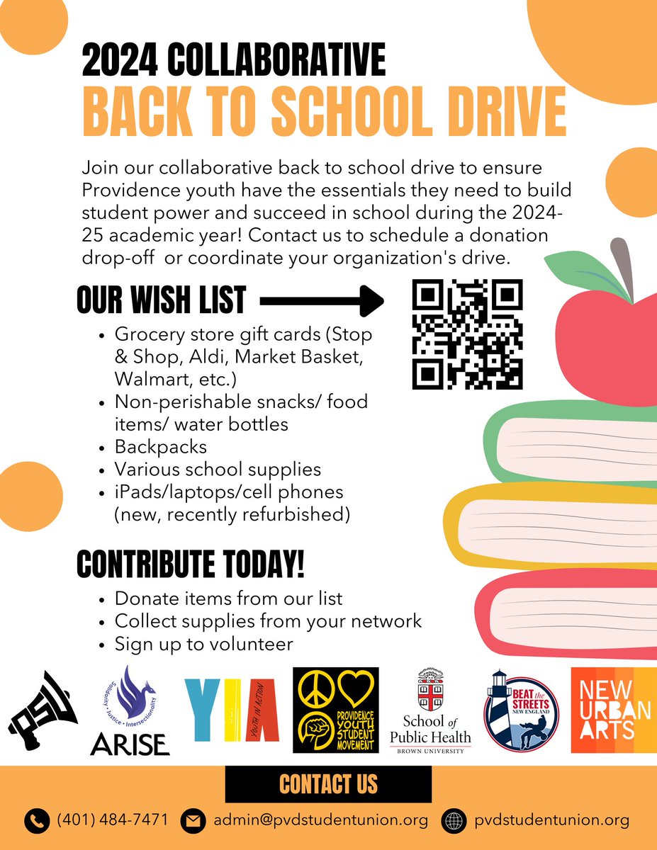 Providence Student Union (@pvdstudentunion) on Twitter photo Join our back to school drive to ensure PVD youth have the supplies & essentials they need for the new school year! We're excited to collaborate with <a href="/Ariseducation/">ARISE</a> , <a href="/youthinactionri/">Youth In Action,Inc.</a>, <a href="/Brown_SPH/">Brown University School of Public Health</a>, <a href="/newurbanarts/">New Urban Arts</a>, @PrYSMFam & <a href="/BTSNewEngland/">Beat the Streets New England</a>. Our wish list: a.co/gZUFvv1 Join our back to school drive to ensure PVD youth have the supplies & essentials they need for the new school year! We're excited to collaborate with <a href="/Ariseducation/">ARISE</a> , <a href="/youthinactionri/">Youth In Action,Inc.</a>, <a href="/Brown_SPH/">Brown University School of Public Health</a>, <a href="/newurbanarts/">New Urban Arts</a>, @PrYSMFam & <a href="/BTSNewEngland/">Beat the Streets New England</a>. Our wish list: a.co/gZUFvv1