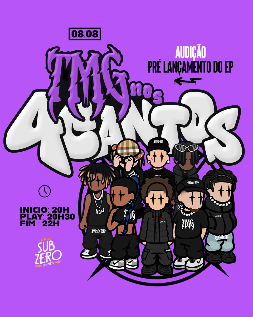 O tempo vai fechar dia 08/08 no SUBZERO. 

Audição do EP TMG NOS QUATRO CANTOS e lançamento do clipe de “Glória”. 

chama a gang e encosta ⛈️💜