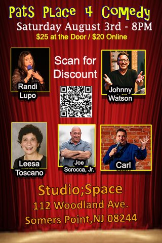 directorpat's tweet photo. Tomorrow night August 3rd start the weekend off with an evening of laughter! #standupcomedy #somerspointnj 
Studio;Space 112 Woodland Ave., Somers Point, NJ 08244. Performing: Randi Lupo, Leesa Toscano, Joe Scrocca, Jr. ,Carl Haupt and Johnny Watson 
Doors 7:30pm - show 8PM. https://t.co/xKVj6hdeZs