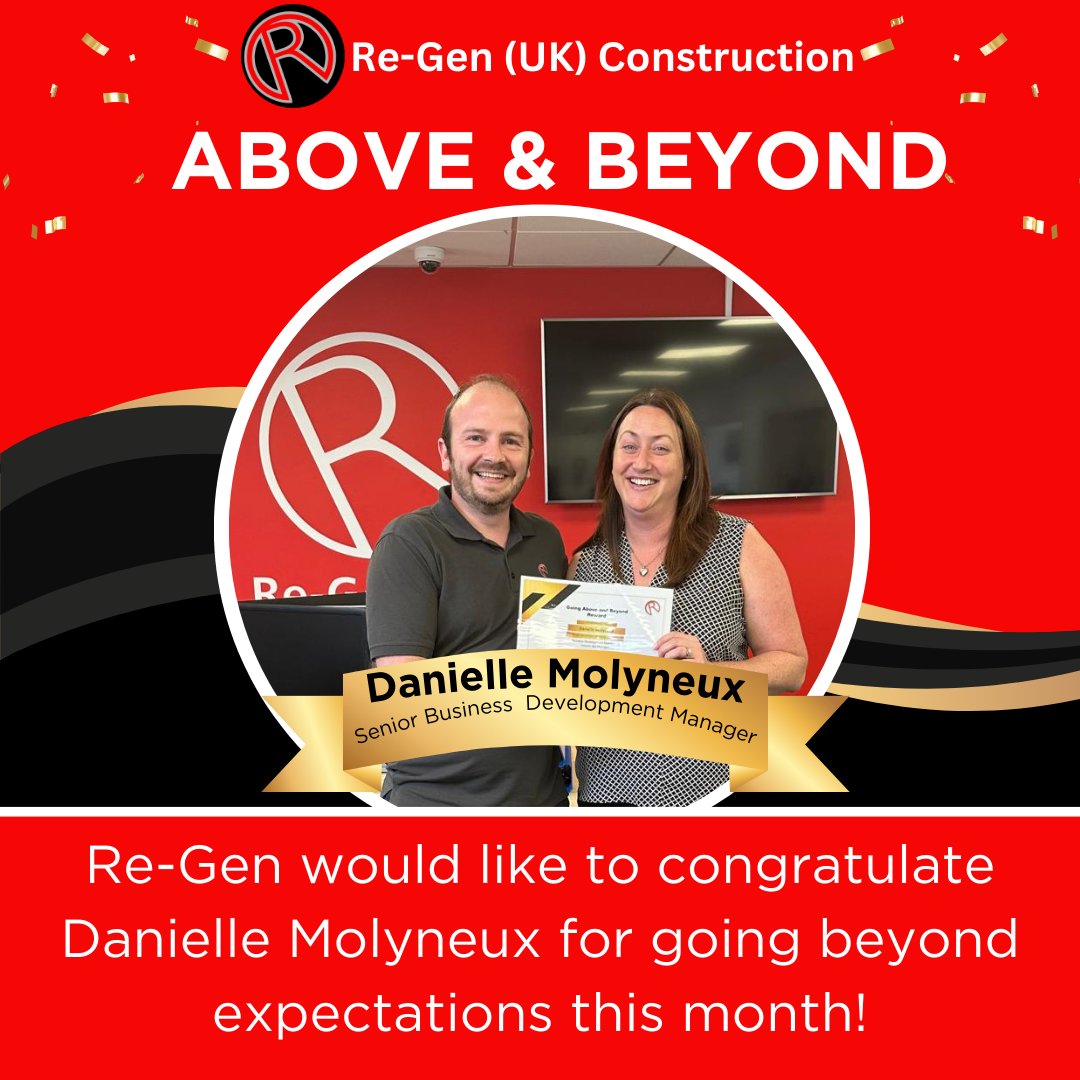 We are excited to announce a Re-Gen (UK) ‘Going Above and Beyond’ Award for July 2024. 🏆

Well done to Re-Gen's Senior Business Development Manager, Danielle Molyneux, for going the extra mile. 👏

#completeconstructionsolutions #construction #regenuk #goingaboveandbeyond