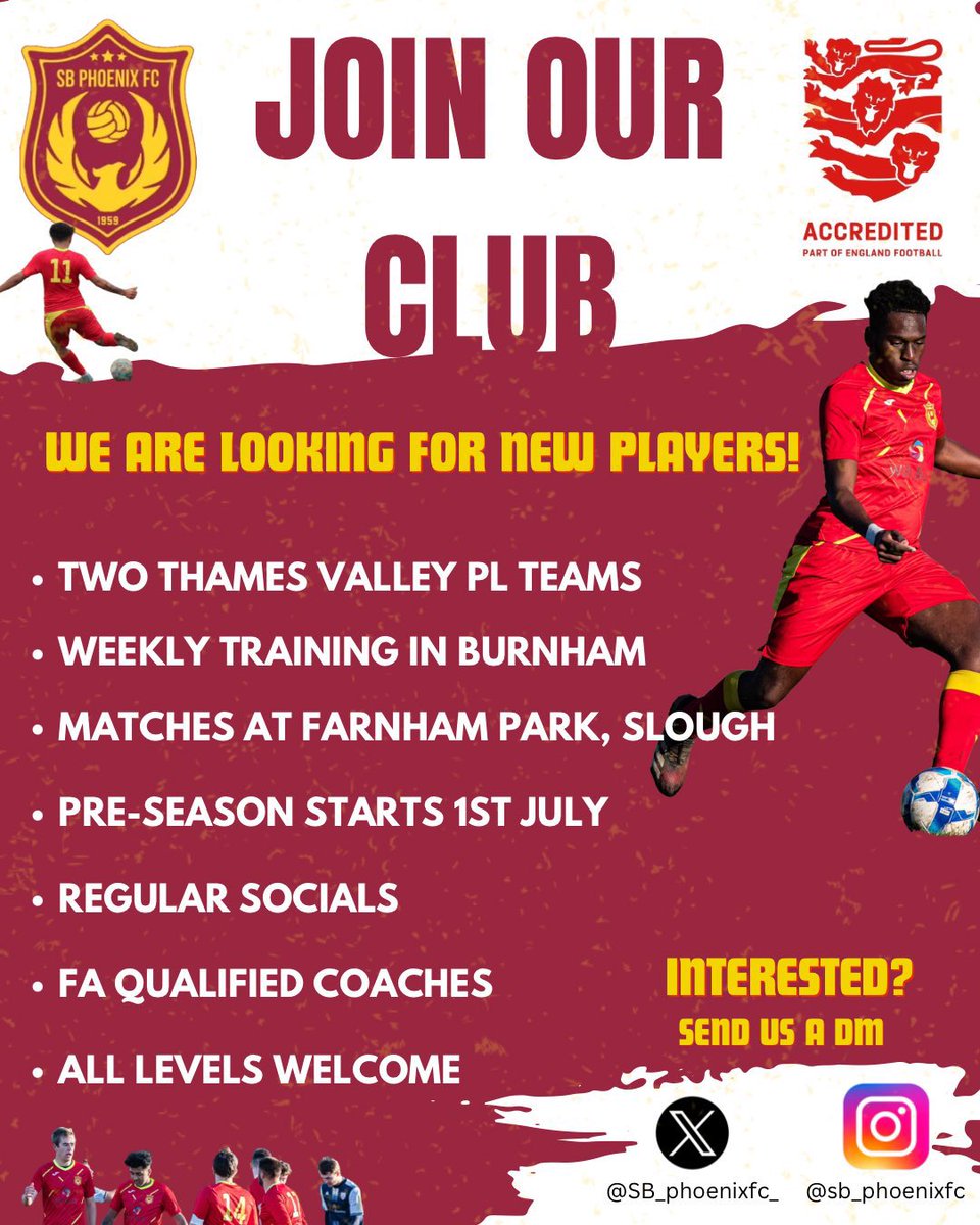 S.B Phoenix FC (@sb_phoenixfc_) on Twitter photo 🚨Players Wanted🚨
It’s not too late to get involved this season. Weekly friendlies from now till the start of September please get in touch if you are interested!
<a href="/fiberkshire/">Football in Berkshire</a> <a href="/ThamesValleyPL/">Thames Valley PL</a> <a href="/Wycombe_GC/">⚽️ Wycombe Grassroots Football Community ⚽️</a> 🚨Players Wanted🚨
It’s not too late to get involved this season. Weekly friendlies from now till the start of September please get in touch if you are interested!
<a href="/fiberkshire/">Football in Berkshire</a> <a href="/ThamesValleyPL/">Thames Valley PL</a> <a href="/Wycombe_GC/">⚽️ Wycombe Grassroots Football Community ⚽️</a>